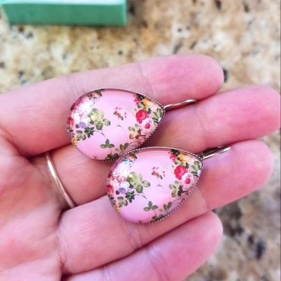 Pink Floral Teardrop Earrings - Picture 2 of 2